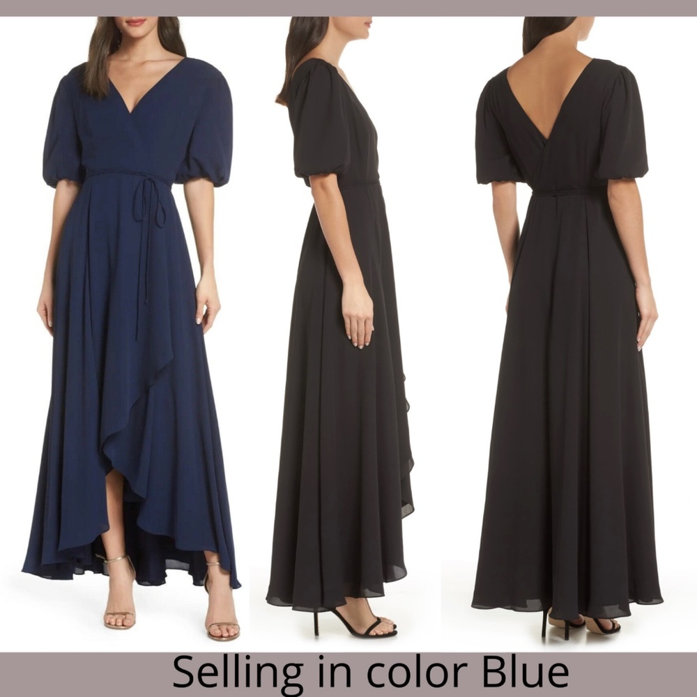 NEW $238 FAME AND PARTNERS V-Neck Georgette Wrap Gown in Blue [SZ 2‎ US ]